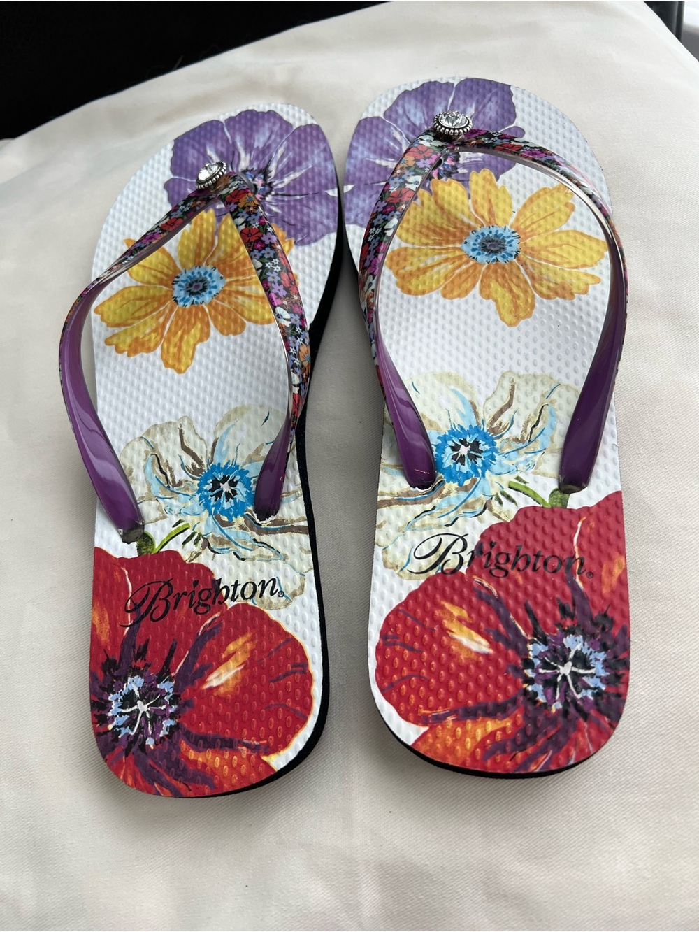 Brighton Floral Flip Flop Sandals in Purple, Yellow & Red - Picture 4 of 10